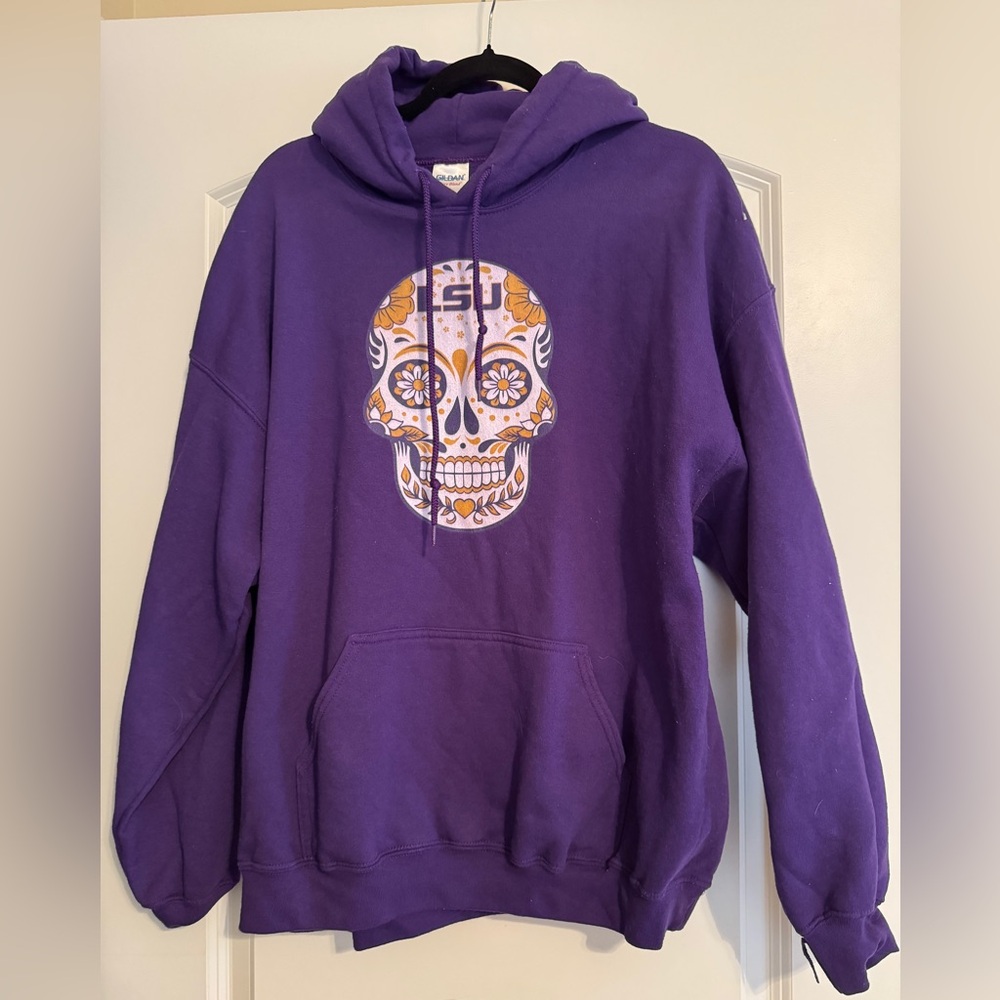 Purple LSU Hoodie with Sugar Skull Design